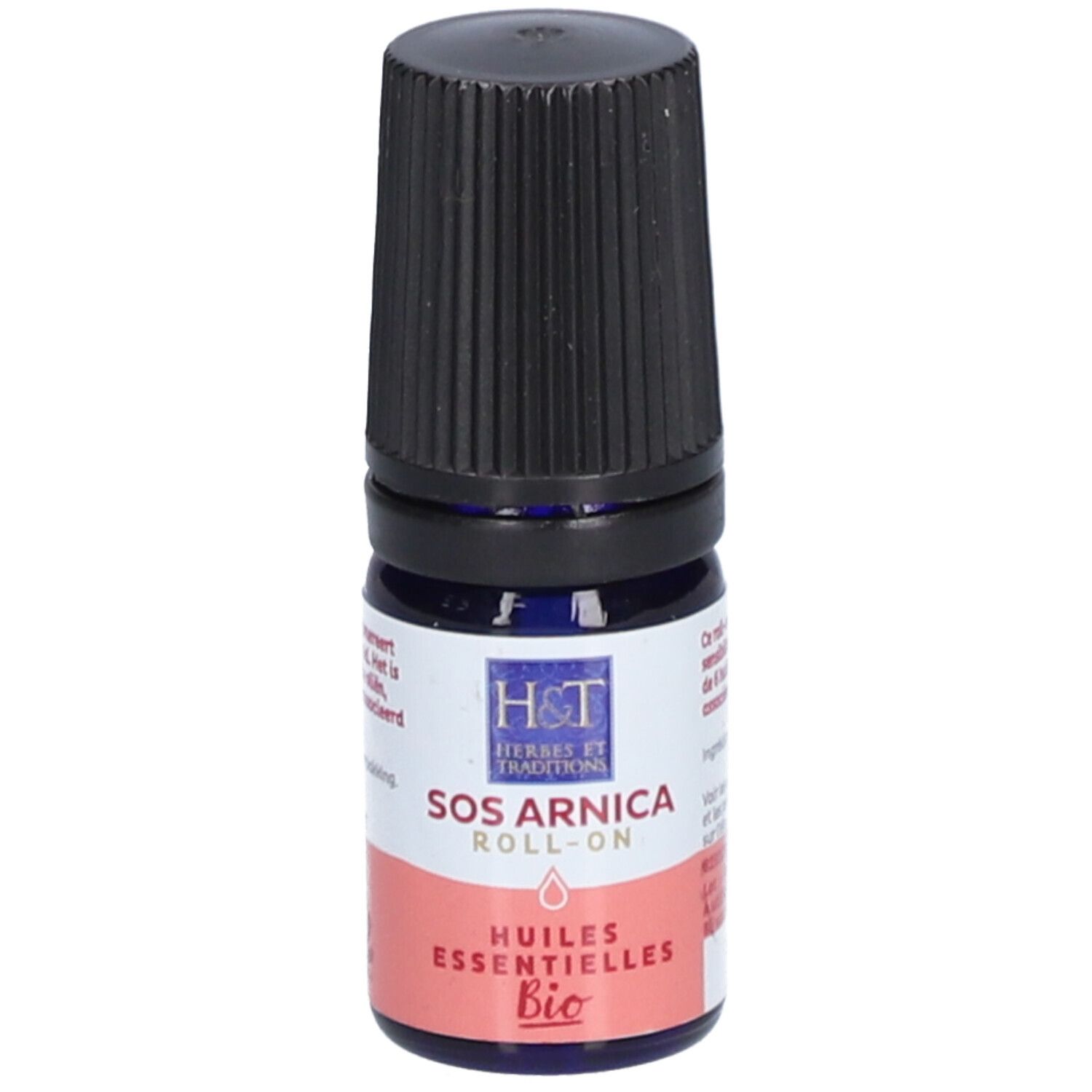 Flacon en verre bleu avec bouchon noir. Inscription: SOS Arnica Roll-On, Huiles Essentielles Bio.