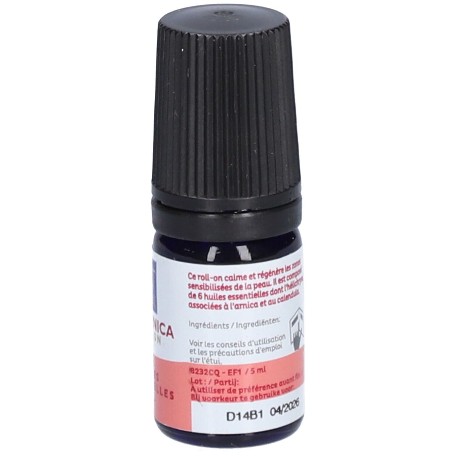 Flacon en verre bleu avec bouchon noir. Inscription: SOS Arnica Roll-On, Huiles Essentielles Bio. Texte sur l'étiquette.
