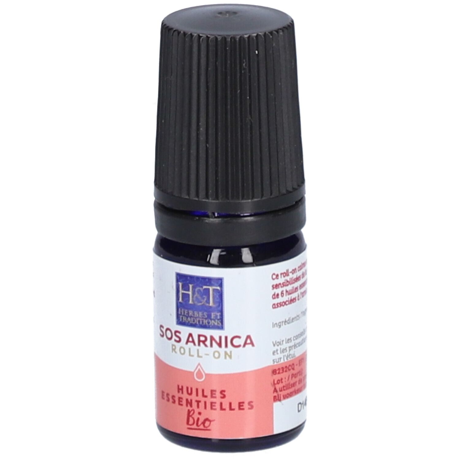 Flacon en verre bleu avec bouchon noir. Inscription: SOS Arnica Roll-On, Huiles Essentielles Bio.