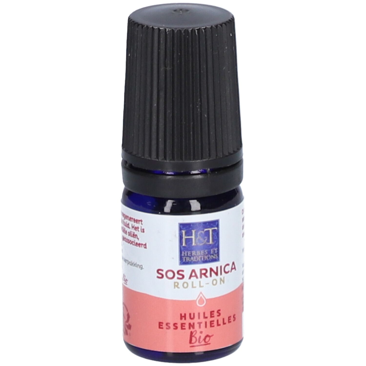 Flacon en verre bleu avec bouchon noir. Inscription: SOS Arnica Roll-On, Huiles Essentielles Bio. Texte sur l'étiquette.