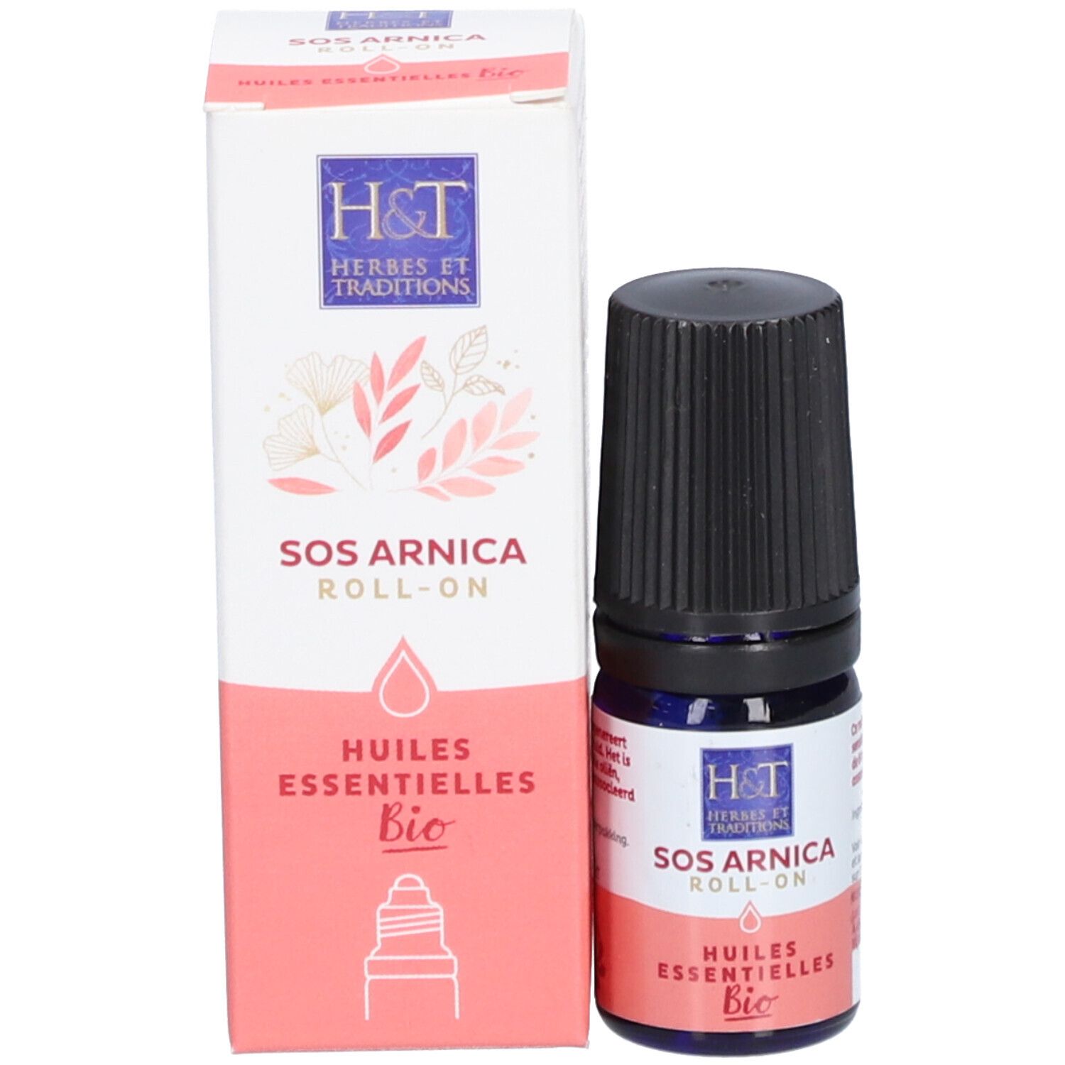 Produit et emballage. Flacon avec bouchon noir et carton. Inscription: SOS Arnica Roll-On, Huiles Essentielles Bio.