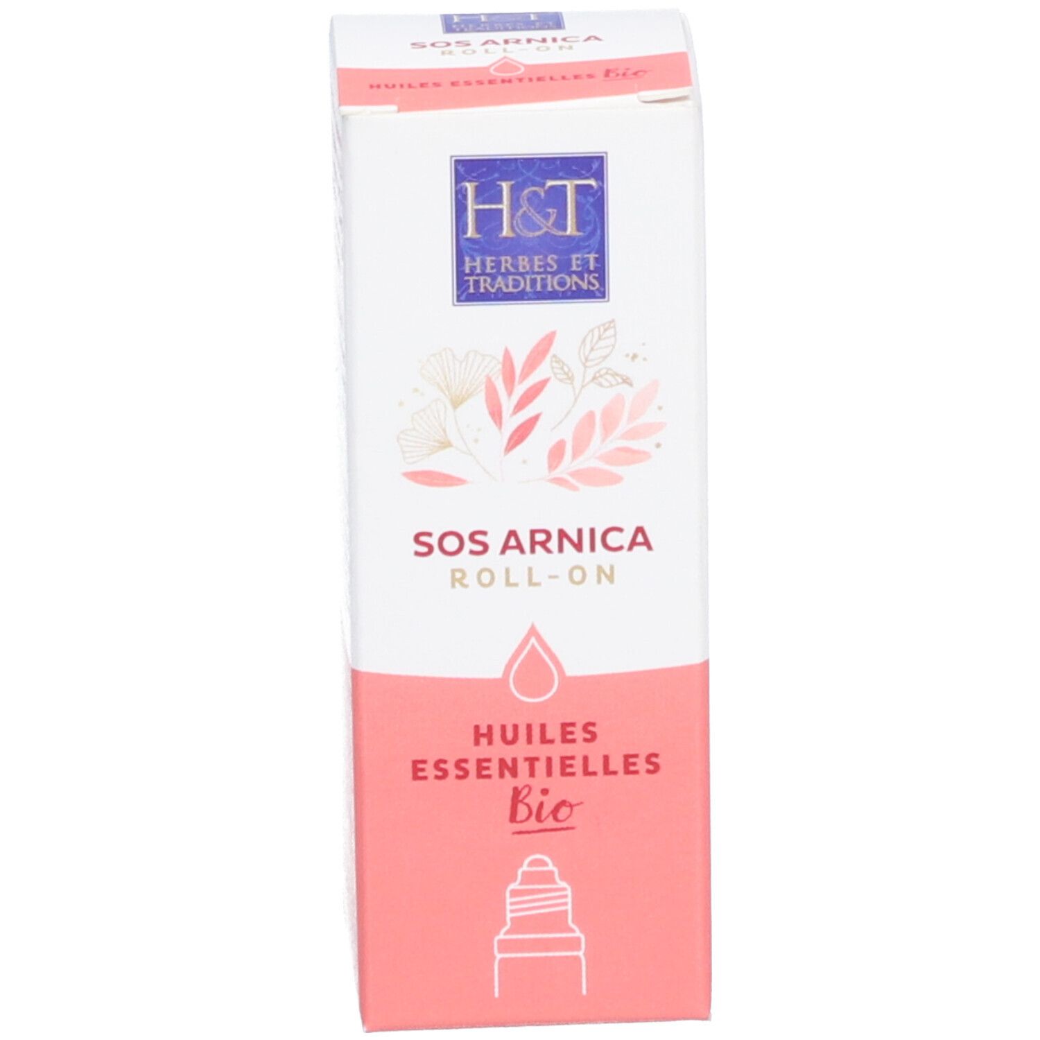 Emballage. Carton avec inscription: SOS Arnica Roll-On, Huiles Essentielles Bio.