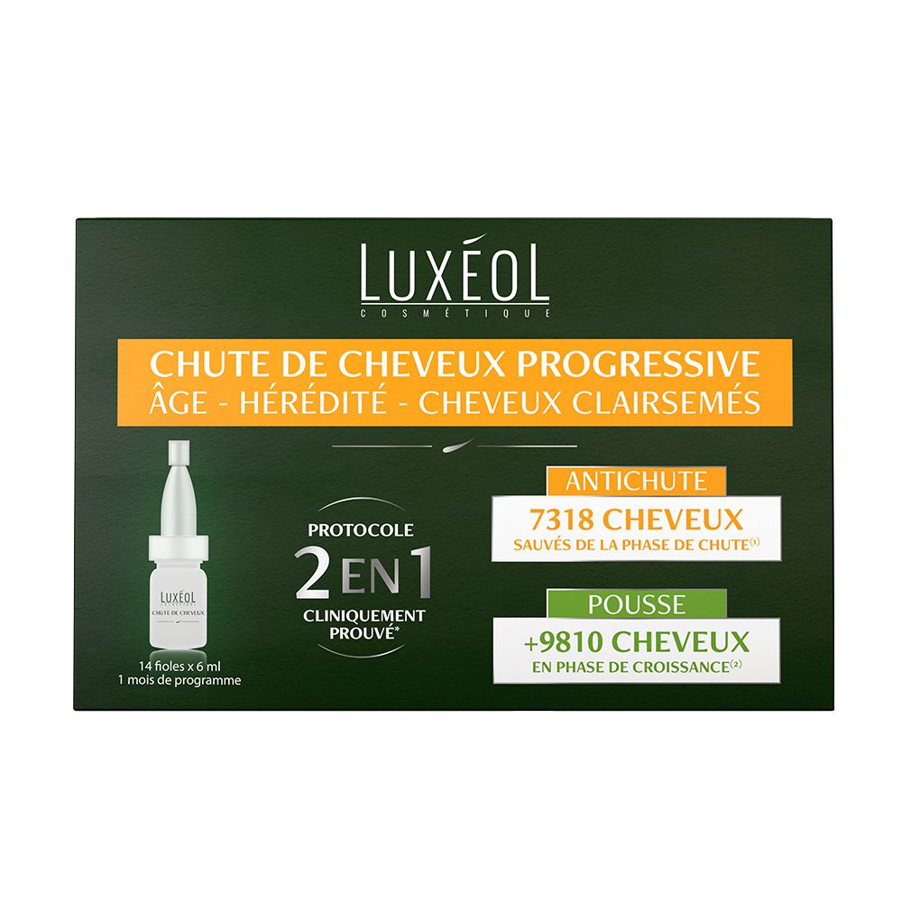 Boîte Luxéol. Contient 14 fioles. Inscription: Chute de Cheveux Progressive 2 en 1. Cliniquement prouvé. Anti-chute.