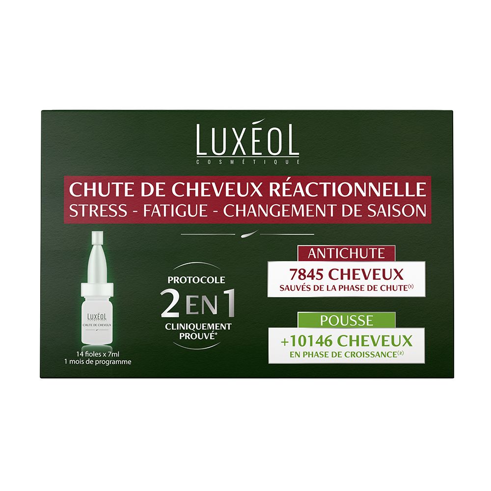 Boîte LUXÉOL. Contient 14 flacons de 7ml. Inscription: Chute de Cheveux Réactionnelle, 2 en 1, Stress-Fatigue.