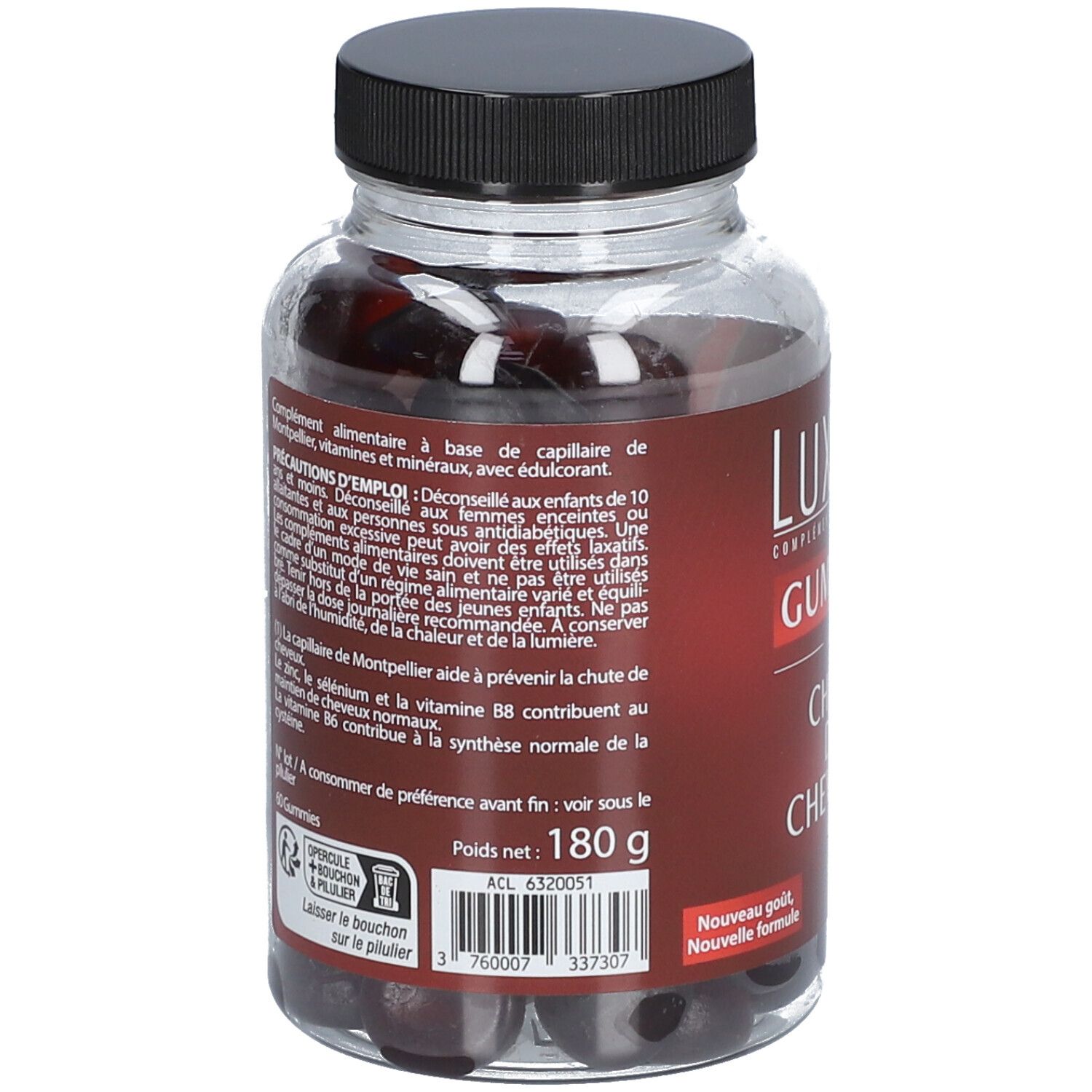 Dos du flacon avec texte. LUXEOL Gummies Chute de Cheveux, 180g, liste des ingrédients, avertissements, code-barres.