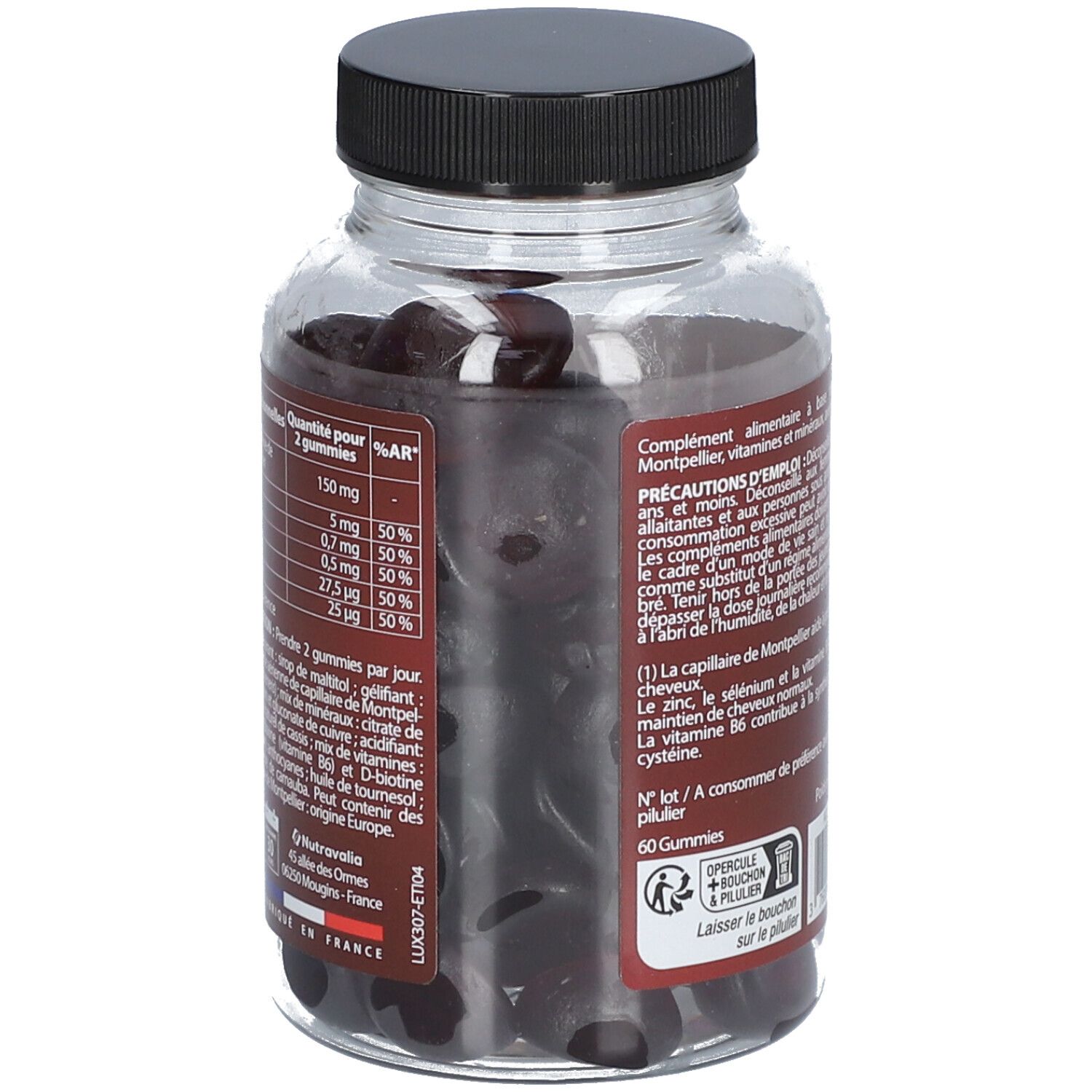 Vue arrière du flacon. LUXEOL Gummies Chute de Cheveux, liste des ingrédients, informations nutritionnelles, 60 gummies.