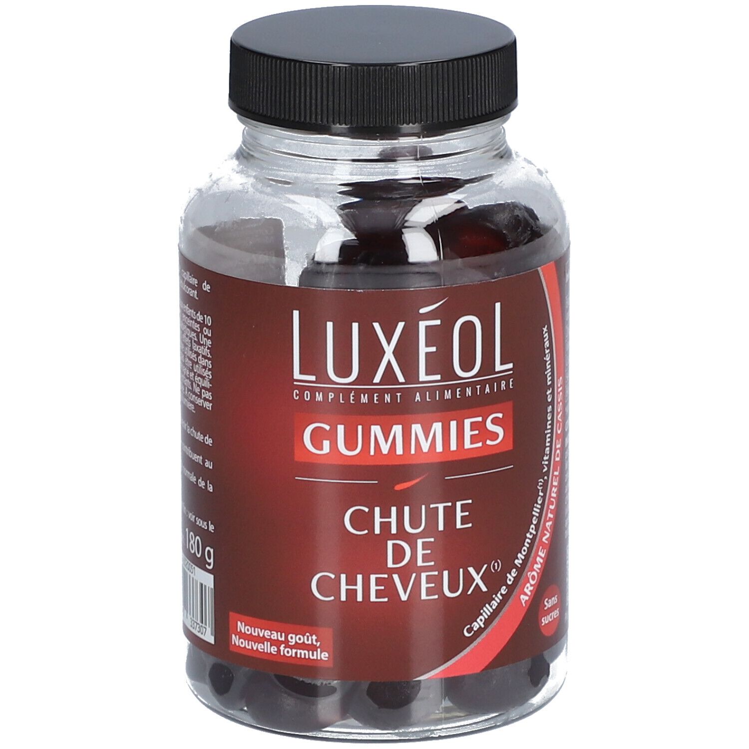 Flacon transparent de gummies noirs. LUXEOL Gummies Chute de Cheveux, étiquette rouge, bouchon noir.