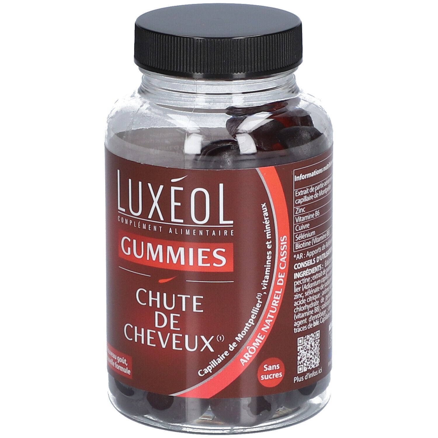 Flacon transparent de gummies noirs. LUXEOL Gummies Chute de Cheveux, étiquette rouge, bouchon noir.