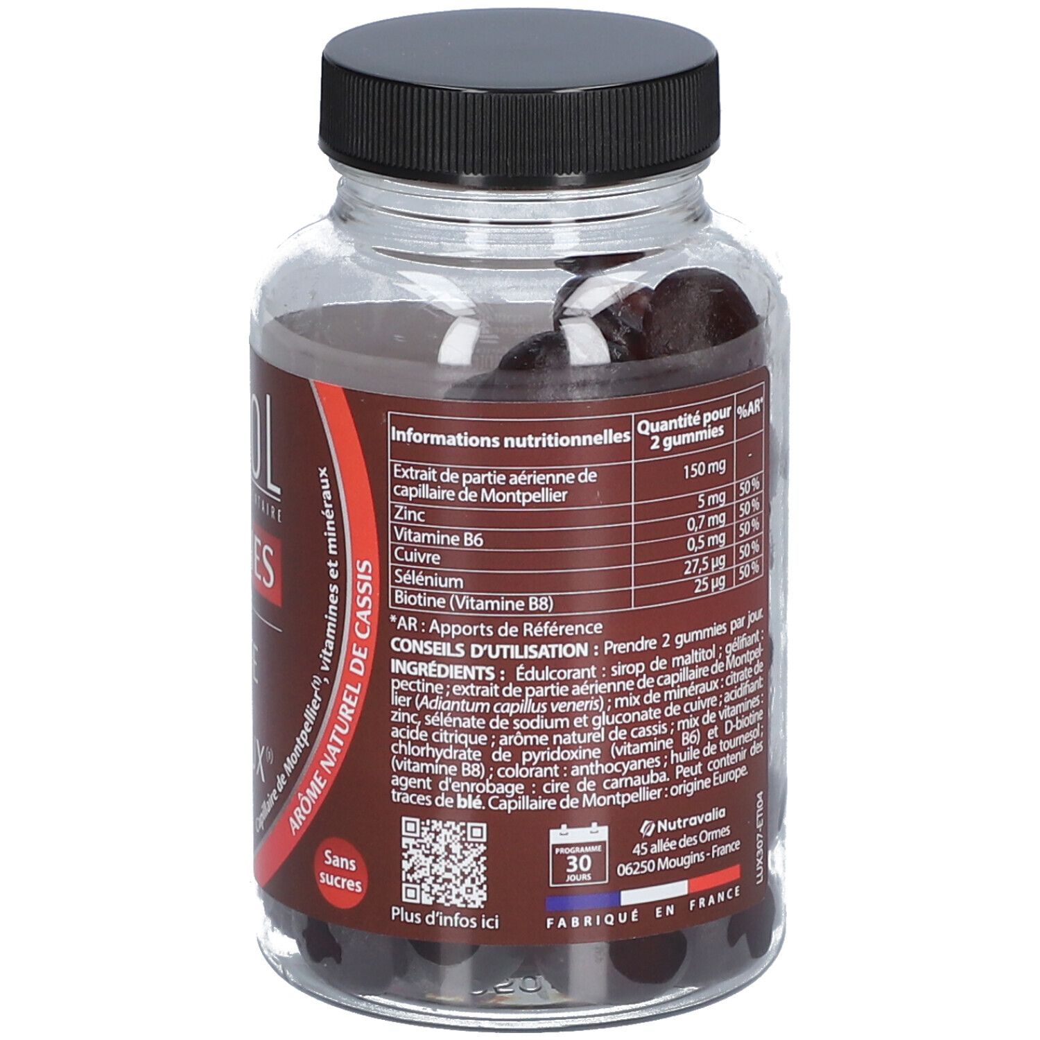 Dos du flacon. LUXEOL Gummies Chute de Cheveux, liste des ingrédients, informations nutritionnelles, 30 gummies.