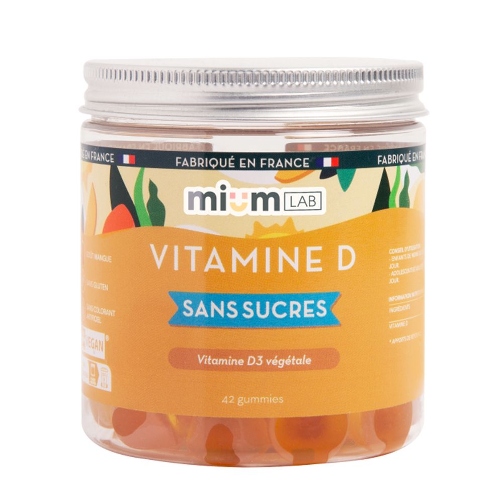 Pot de gummies à la vitamine D. Inscription : Vitamine D, sans sucres. 42 gummies. Couvercle en métal.