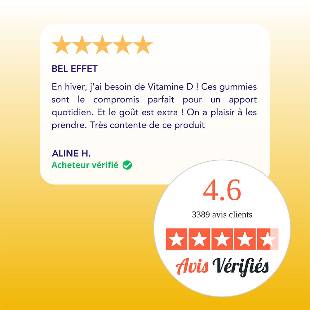 Évaluation avec 4,6 étoiles. Texte : Très bon effet. Citation client. Logo : Avis Vérifiés.