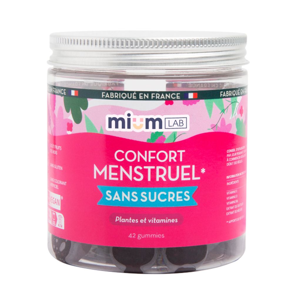 Pot de gummies noirs. Inscription : Confort Menstruel Sans Sucres. Marque : MIUM LAB.