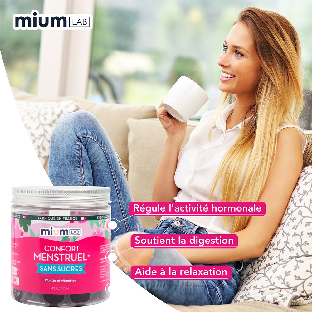 Femme avec pot. Inscription : Confort Menstruel Sans Sucres. Marque : MIUM LAB. Texte : Régule hormones, soutient digestion, aide à relaxation.