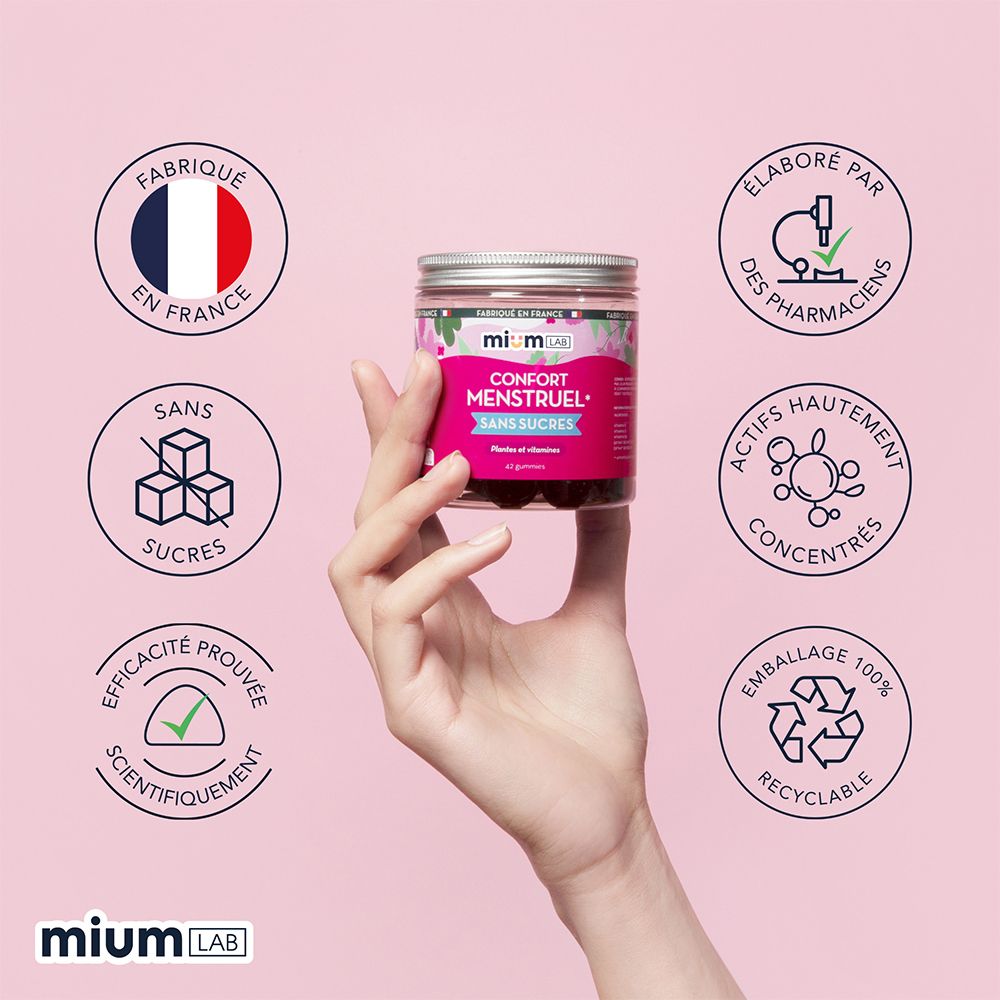 Main tenant pot. Inscription : Confort Menstruel Sans Sucres. Marque : MIUM LAB. Logos : Sans sucre, recyclable, etc.