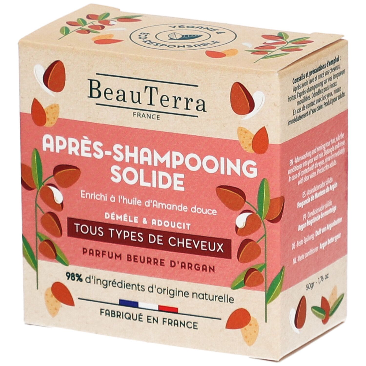 Kartonnen verpakking met productinfo. Opschrift: BeauTerra, Après-Shampooing Solide, Tous Types de Cheveux, Parfum Beurre d'Argan. 98% natuurlijke ingrediënten.