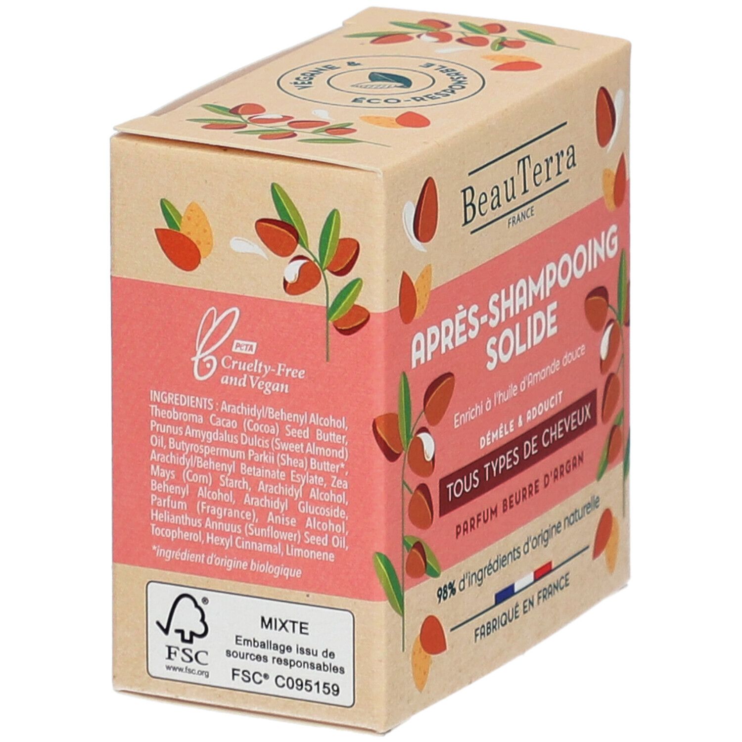 Kartonnen verpakking met productinfo. Opschrift: BeauTerra, Après-Shampooing Solide, Tous Types de Cheveux, Parfum Beurre d'Argan. Vegan.
