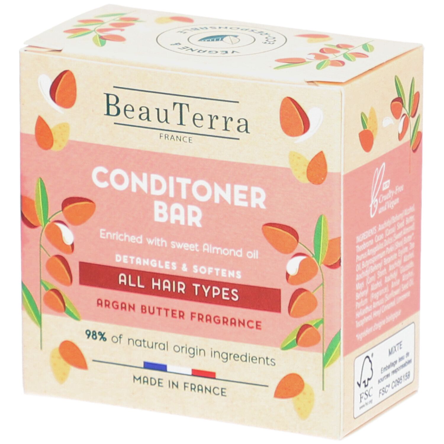 Kartonnen verpakking met productinfo. Opschrift: BeauTerra, Conditioner Bar, All Hair Types, Argan Butter Fragrance. FSC-certificering.