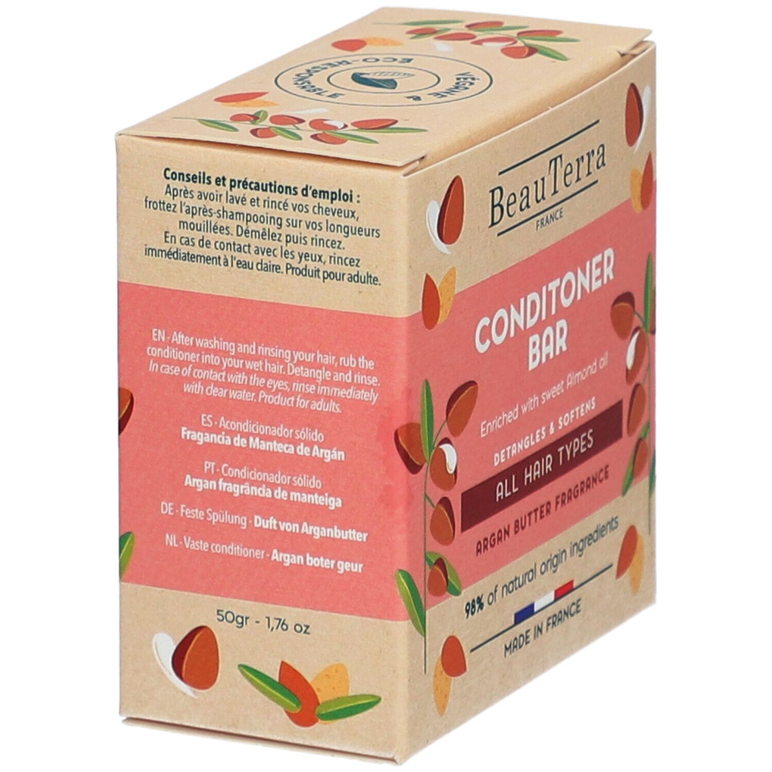 Kartonnen verpakking met productinfo. Opschrift: BeauTerra, Conditioner Bar, All Hair Types, Argan Butter Fragrance. 50g.