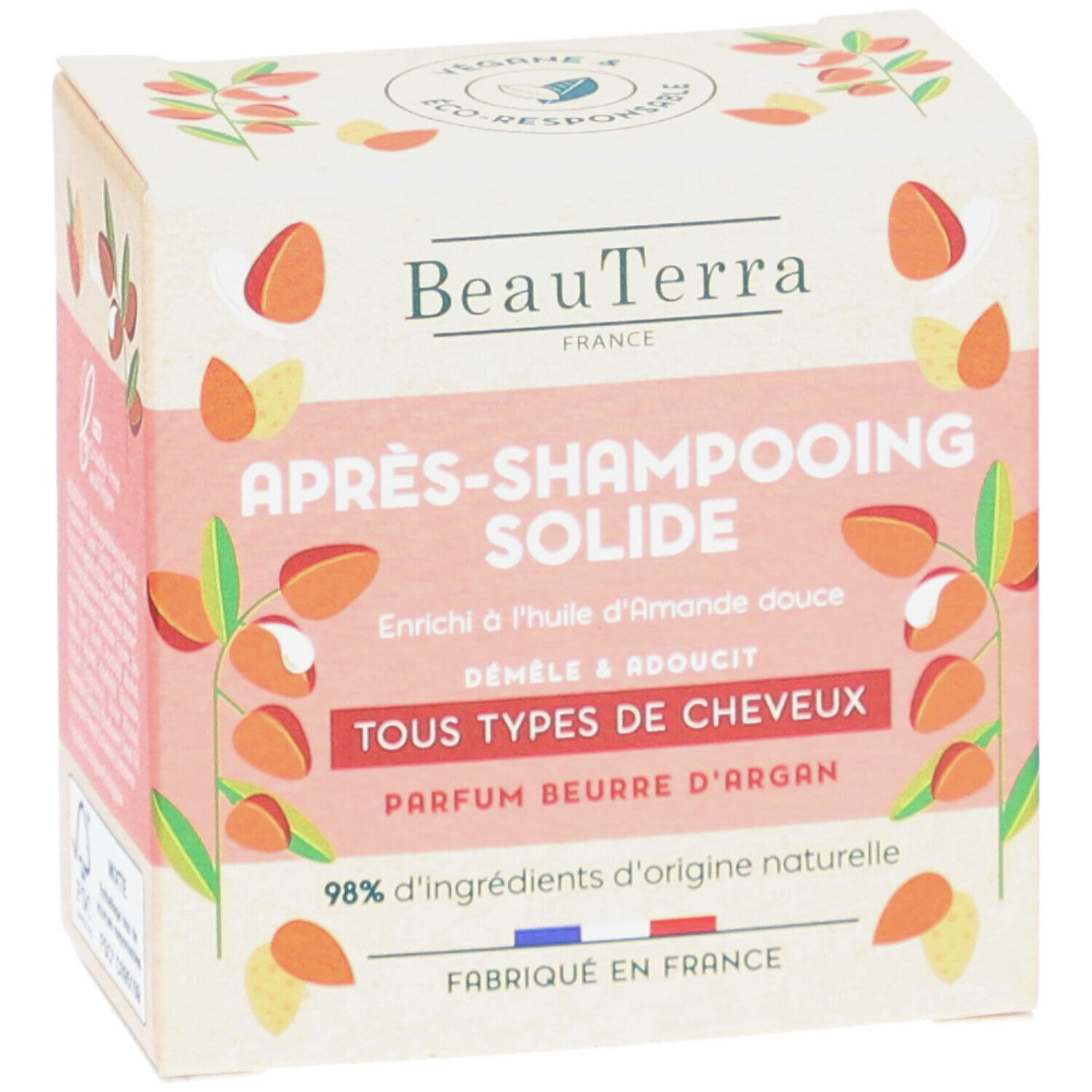 Kartonnen verpakking met productinfo. Opschrift: BeauTerra, Après-Shampooing Solide, Tous Types de Cheveux, Parfum Beurre d'Argan. Gemaakt in Frankrijk.