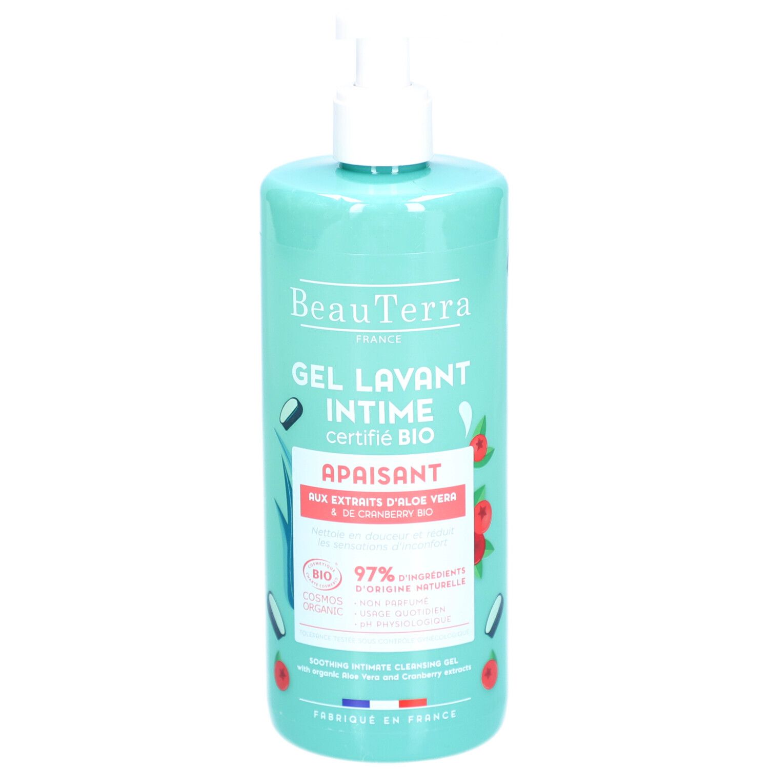 Flacon turquoise avec pompe. Inscription: BeauTerra, Gel Lavant Intime, Apaisant. Certification Bio.