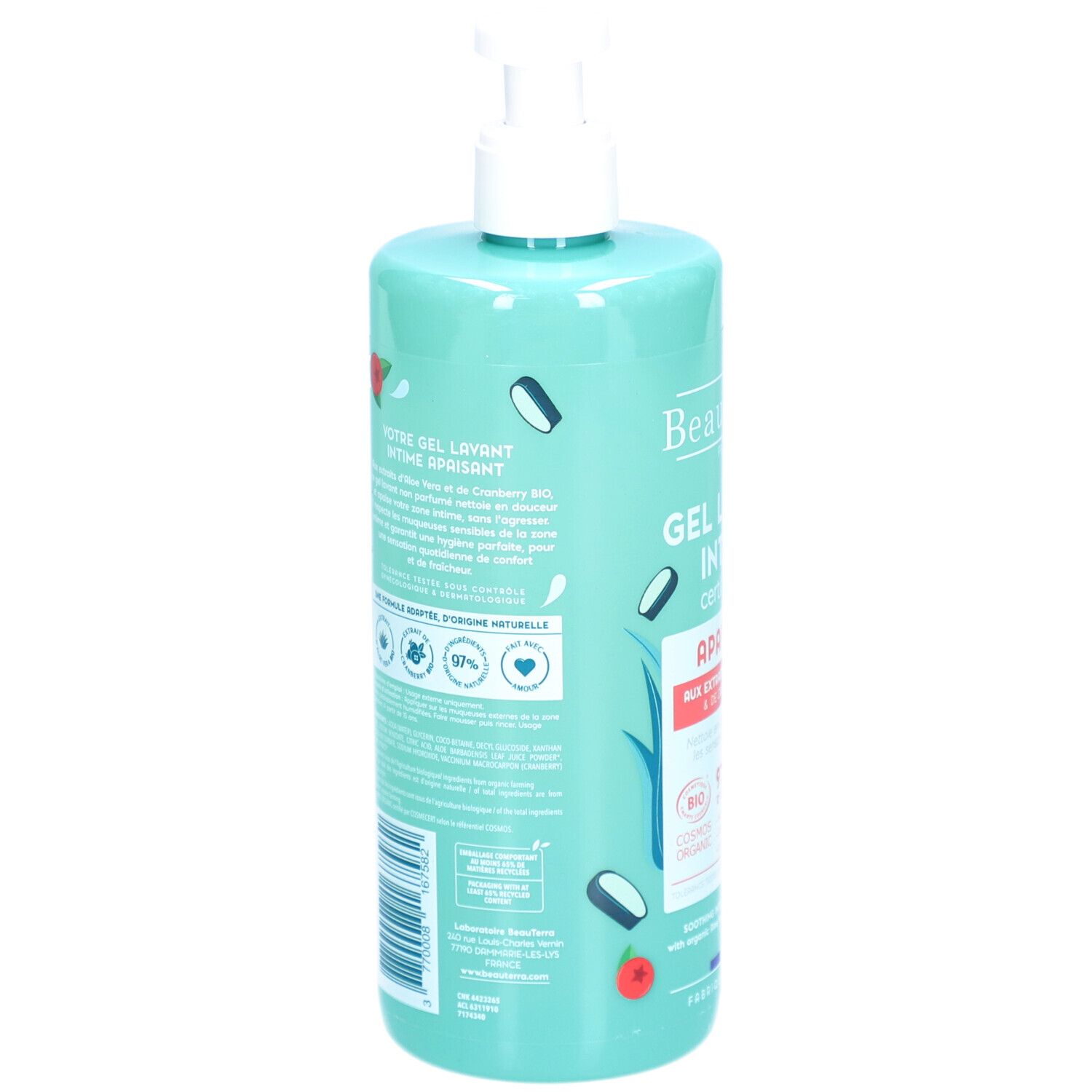 Dos du flacon turquoise avec pompe. Texte: Gel Lavant Intime, Apaisant. Certification Bio. Ingrédients.