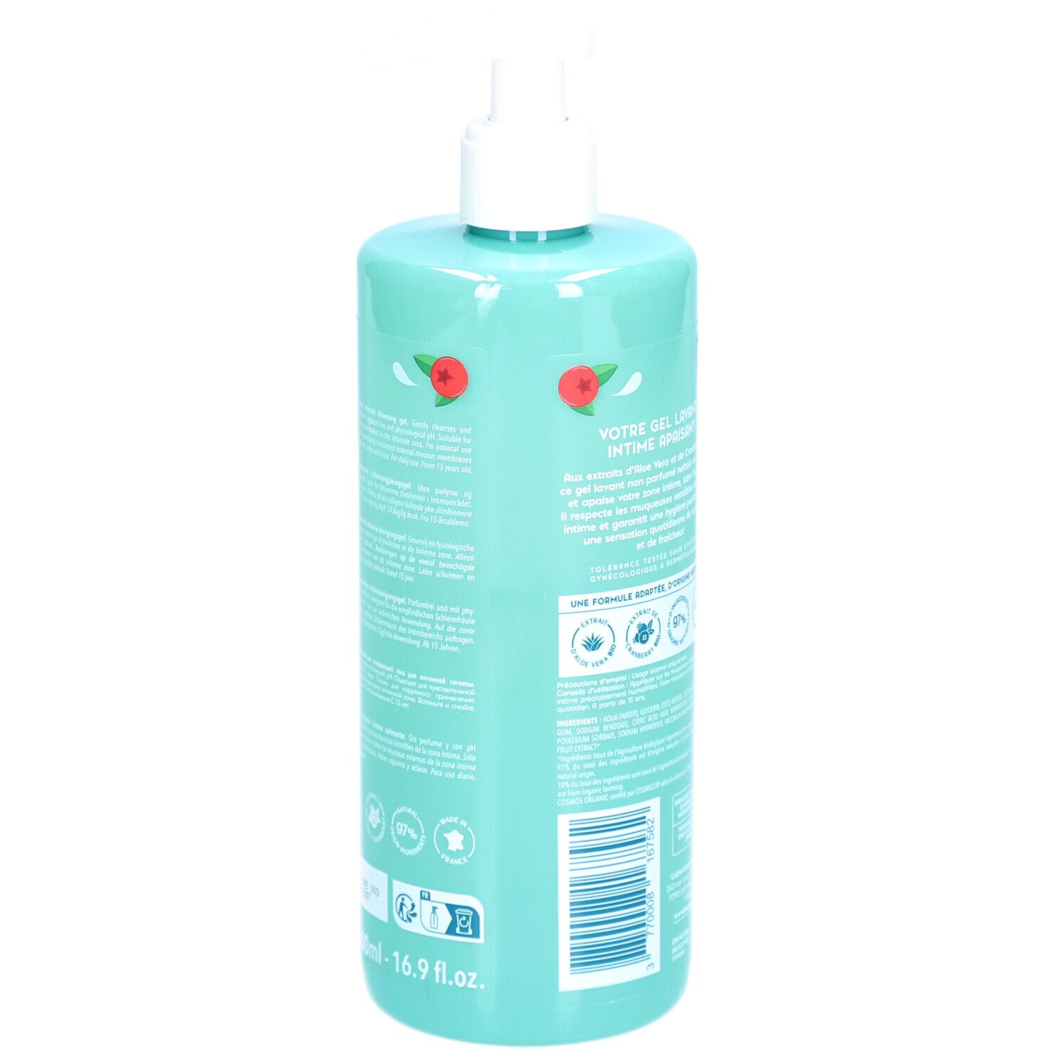 Dos du flacon turquoise avec pompe. Texte: Gel Lavant Intime, Apaisant. Certification Bio. Ingrédients.