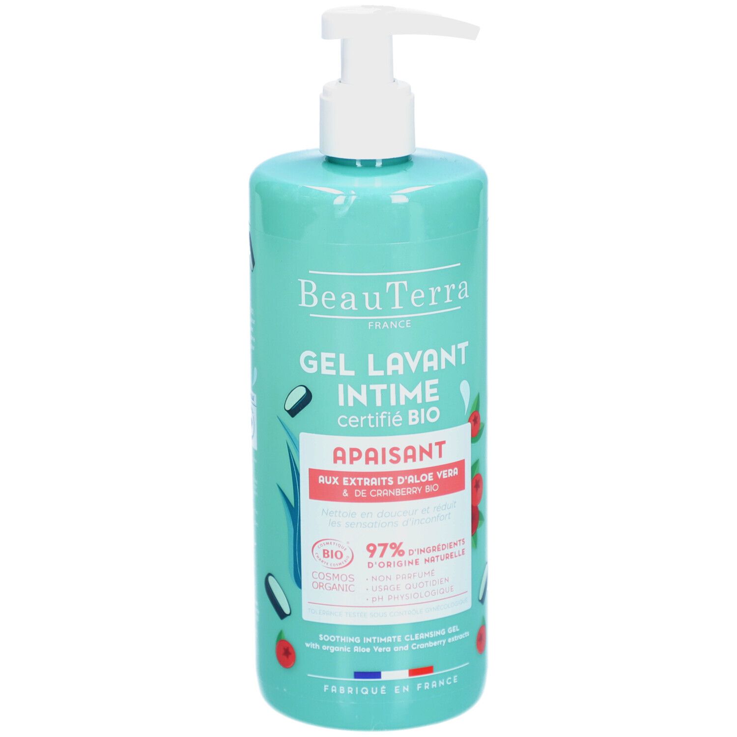 Flacon turquoise avec pompe. Inscription: BeauTerra, Gel Lavant Intime, Apaisant. Certification Bio.