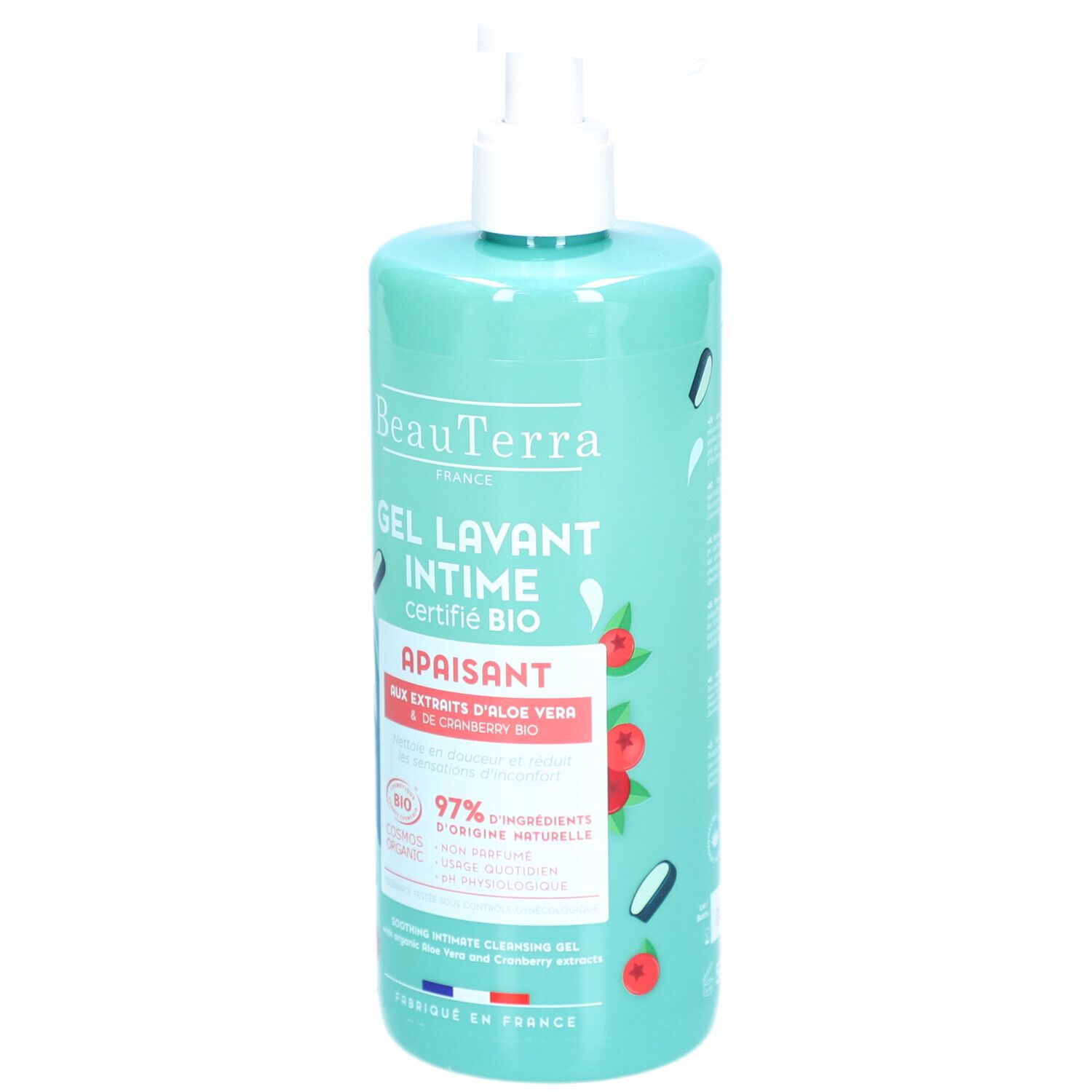 Flacon turquoise avec pompe. Inscription: BeauTerra, Gel Lavant Intime, Apaisant. Certification Bio.