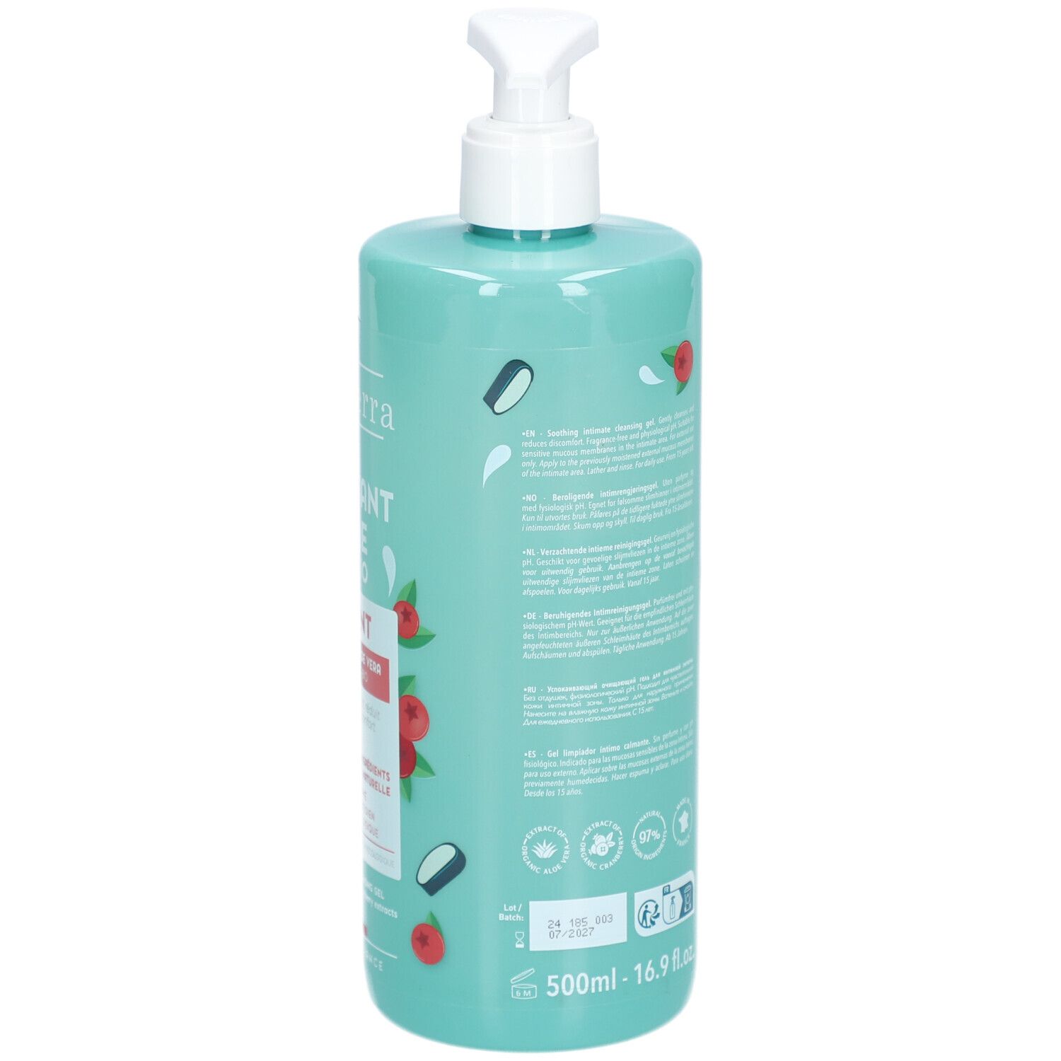 Dos du flacon turquoise avec pompe. Texte: Gel Lavant Intime, Apaisant. Certification Bio. Volume: 500ml.
