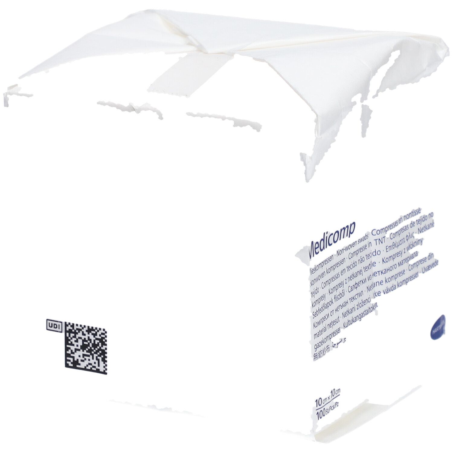 Emballage avec texte: Compresses Medicomp, 10x10cm. Code UDI et code-barres. Sceau bleu.