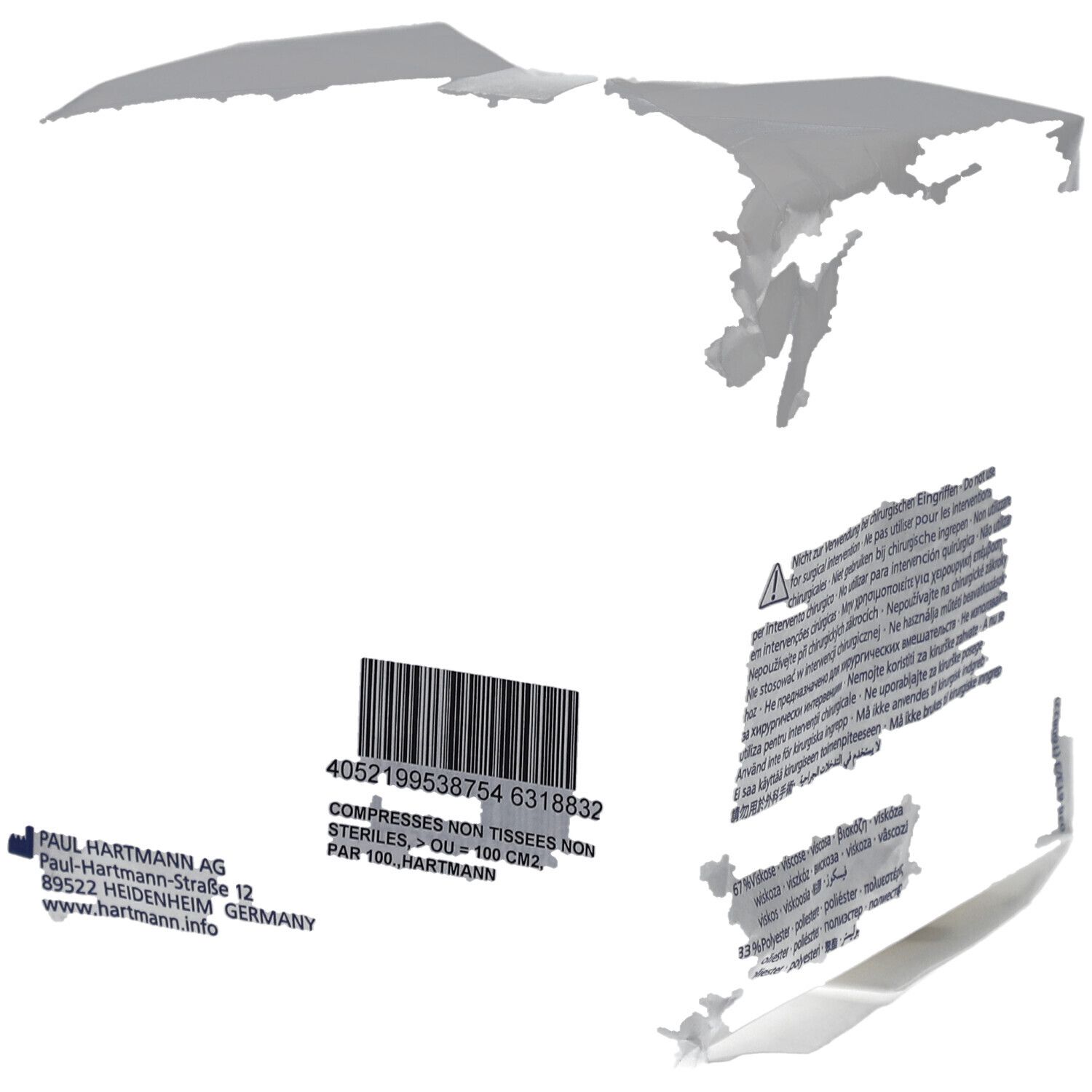 Emballage avec texte: Compresses non stériles, 100 cm2. Code-barres et texte de Paul Hartmann AG.