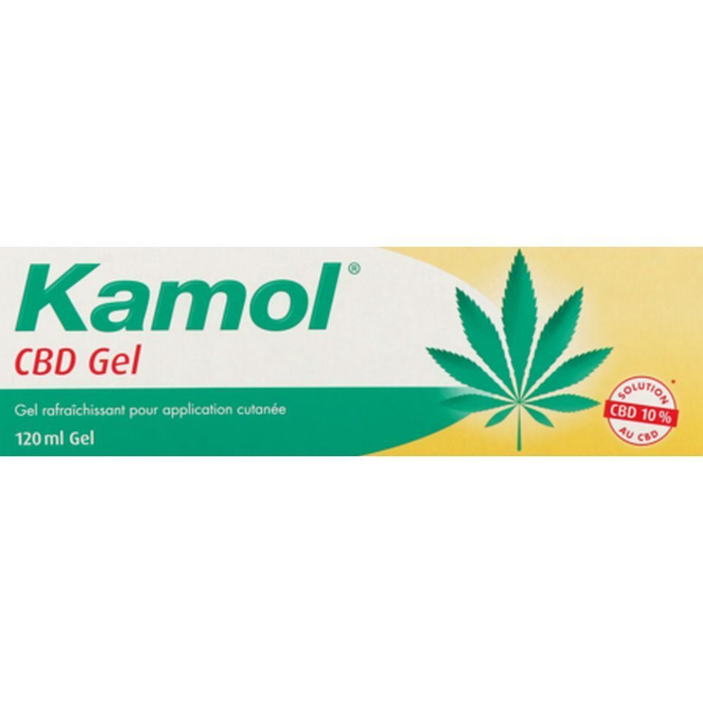 Tube de gel Kamol CBD. Design vert et blanc, feuille de cannabis. Texte: CBD Gel, 120 ml Gel.