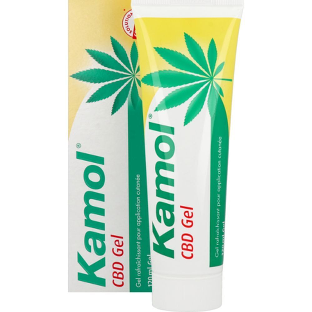 Emballage et tube de gel Kamol CBD. Gel, 120 ml. Design vert et jaune, feuille de cannabis. Texte.