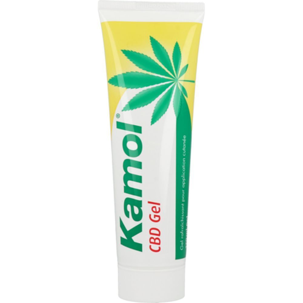 Tube de gel Kamol CBD. Gel, 120 ml. Design vert et jaune, feuille de cannabis. Texte: CBD Gel, pour la peau.