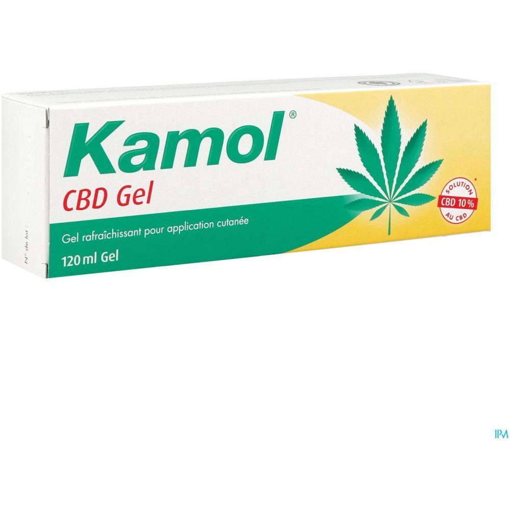 Boîte de gel Kamol CBD. Design vert et jaune, feuille de cannabis. Texte: CBD Gel, 120 ml Gel, 10% CBD.