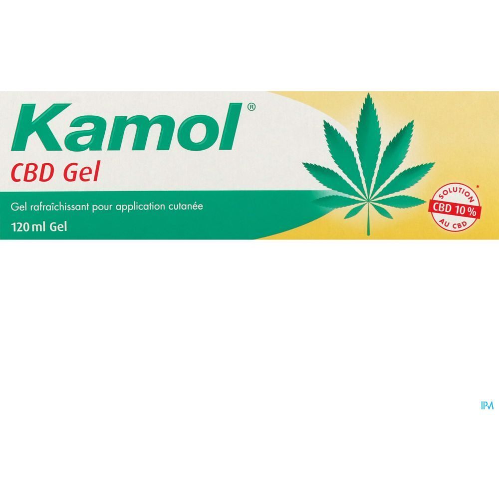 Boîte de gel Kamol CBD. Design vert et jaune, feuille de cannabis. Texte: CBD Gel, 120 ml Gel, 10% CBD.