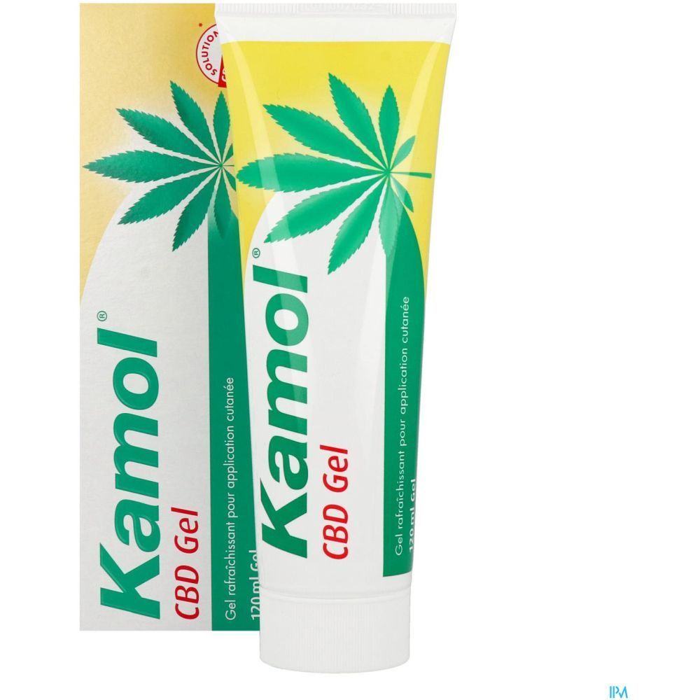 Emballage et tube de gel Kamol CBD. Gel, 120 ml. Design vert et jaune, feuille de cannabis. Texte.