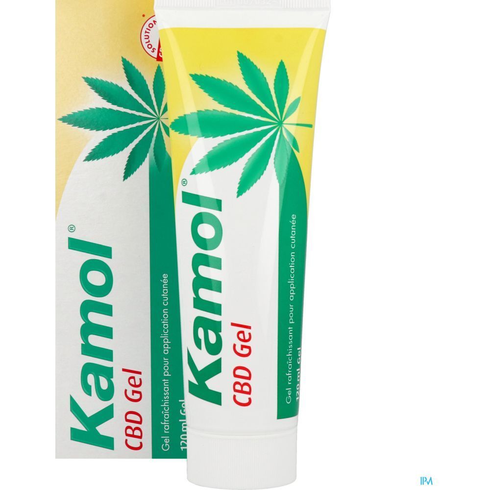 Emballage et tube de gel Kamol CBD. Gel, 120 ml. Design vert et jaune, feuille de cannabis. Texte.