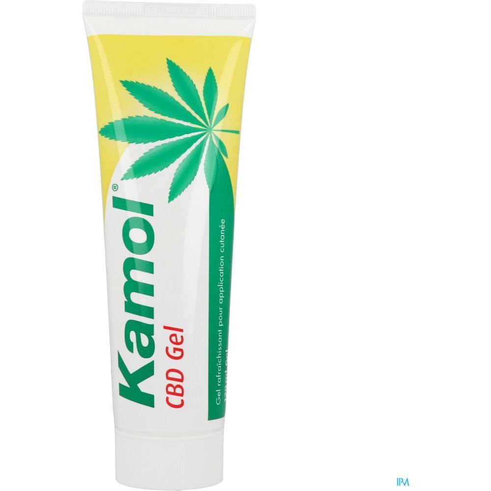 Tube de gel Kamol CBD. Gel, 120 ml. Design vert et jaune, feuille de cannabis. Texte: CBD Gel, pour la peau.