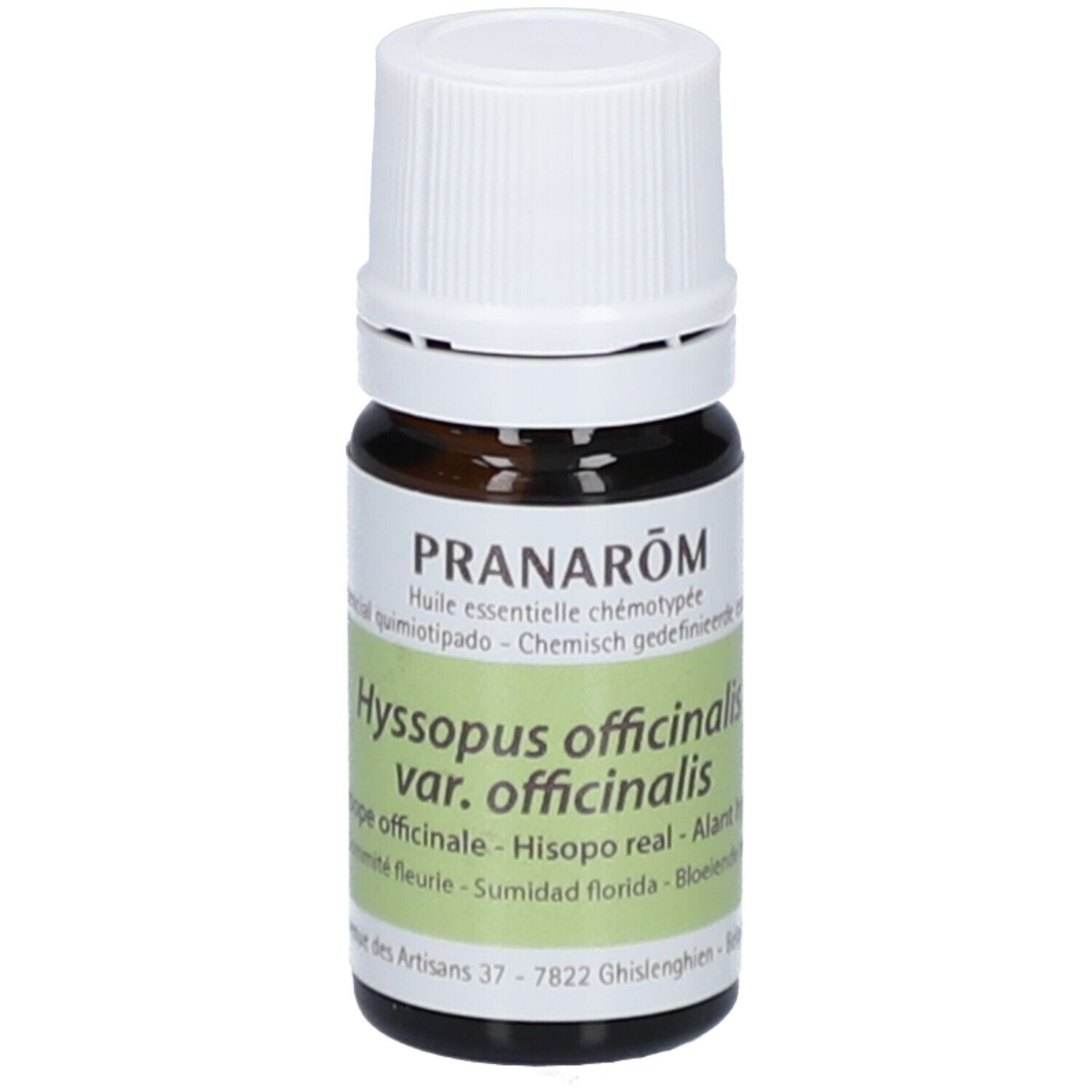 Flacon en verre brun avec bouchon blanc. Étiquette avec nom du produit et informations botaniques. Marque PRANAROM.