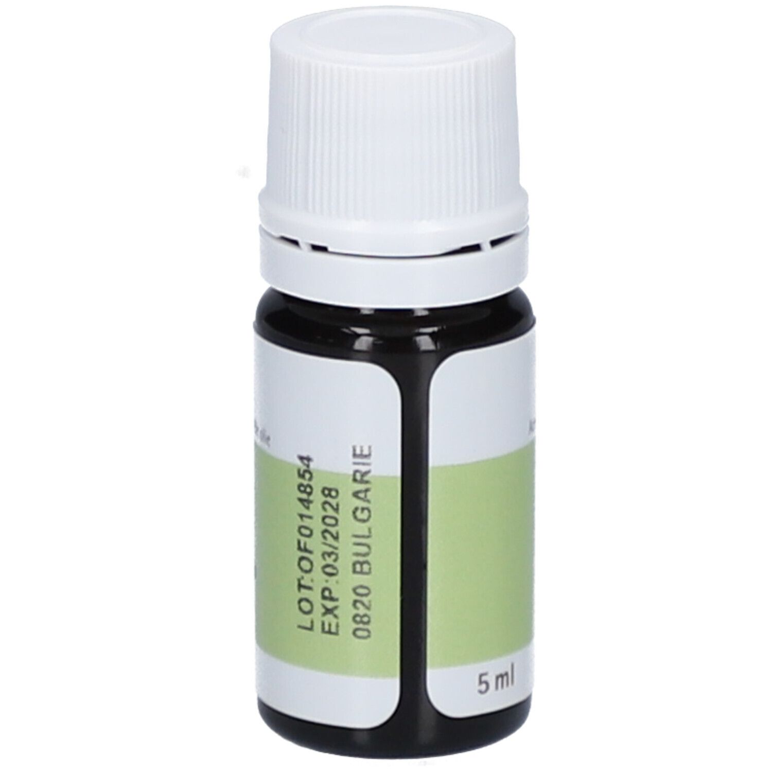 Flacon en verre brun avec bouchon blanc. Étiquette avec nom du produit et informations botaniques. 5 ml. Expiration 03/2028.
