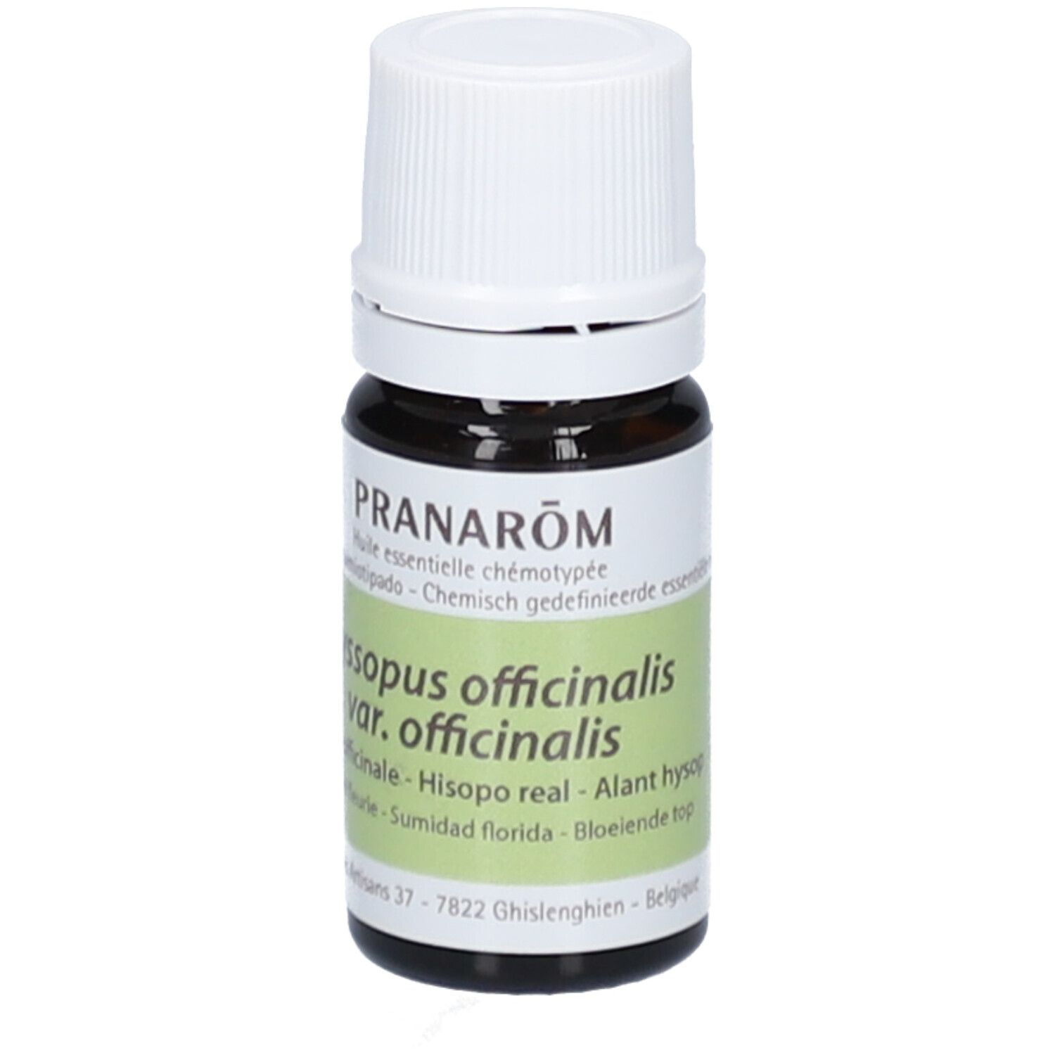 Flacon en verre brun avec bouchon blanc. Étiquette avec nom du produit et informations botaniques. Marque PRANAROM.