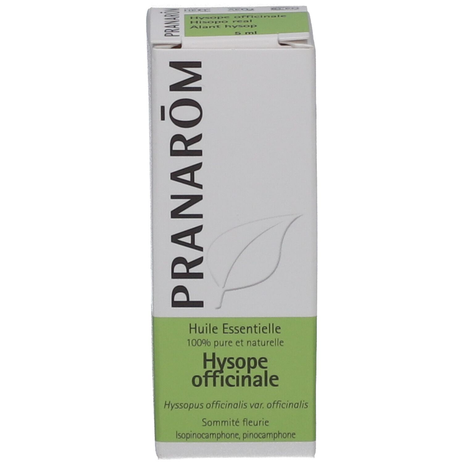 Emballage du produit. Boîte avec nom du produit et marque PRANAROM. Couleurs verte et blanche.
