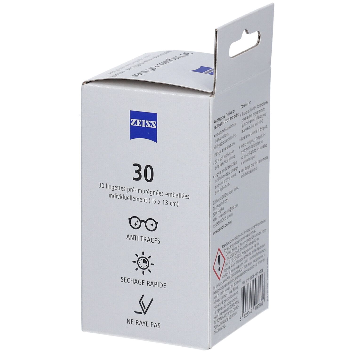Zeiss-Box mit 30 einzeln verpackten Anti-Beschlag-Reinigungstüchern. Logo Zeiss, Text. Weißer Karton.