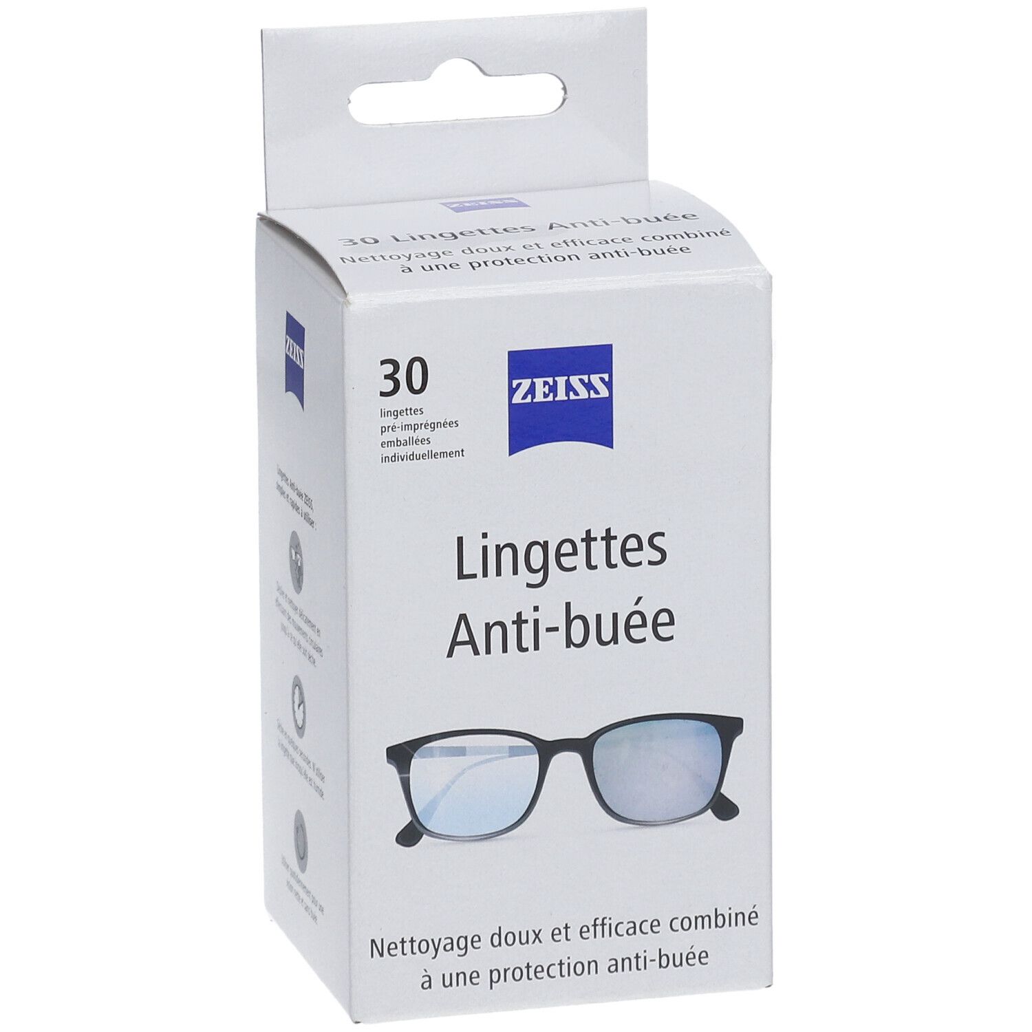 Zeiss-Box mit 30 Anti-Beschlag-Reinigungstüchern. Aufdruck: Brille, Anti-Beschlag, schnelle Trocknung. Weißer Karton.