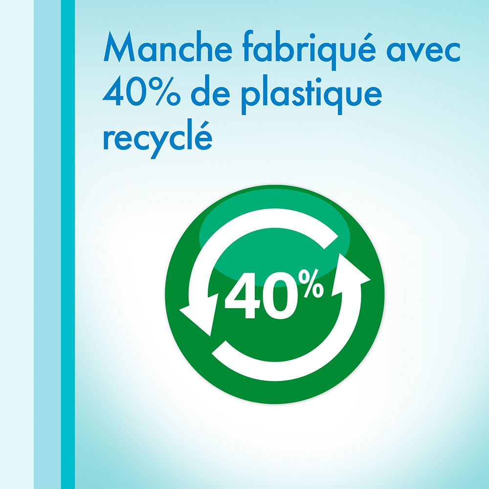Symbole circulaire avec 40% et des flèches. Texte: Manche fabriqué avec 40% de plastique recyclé.