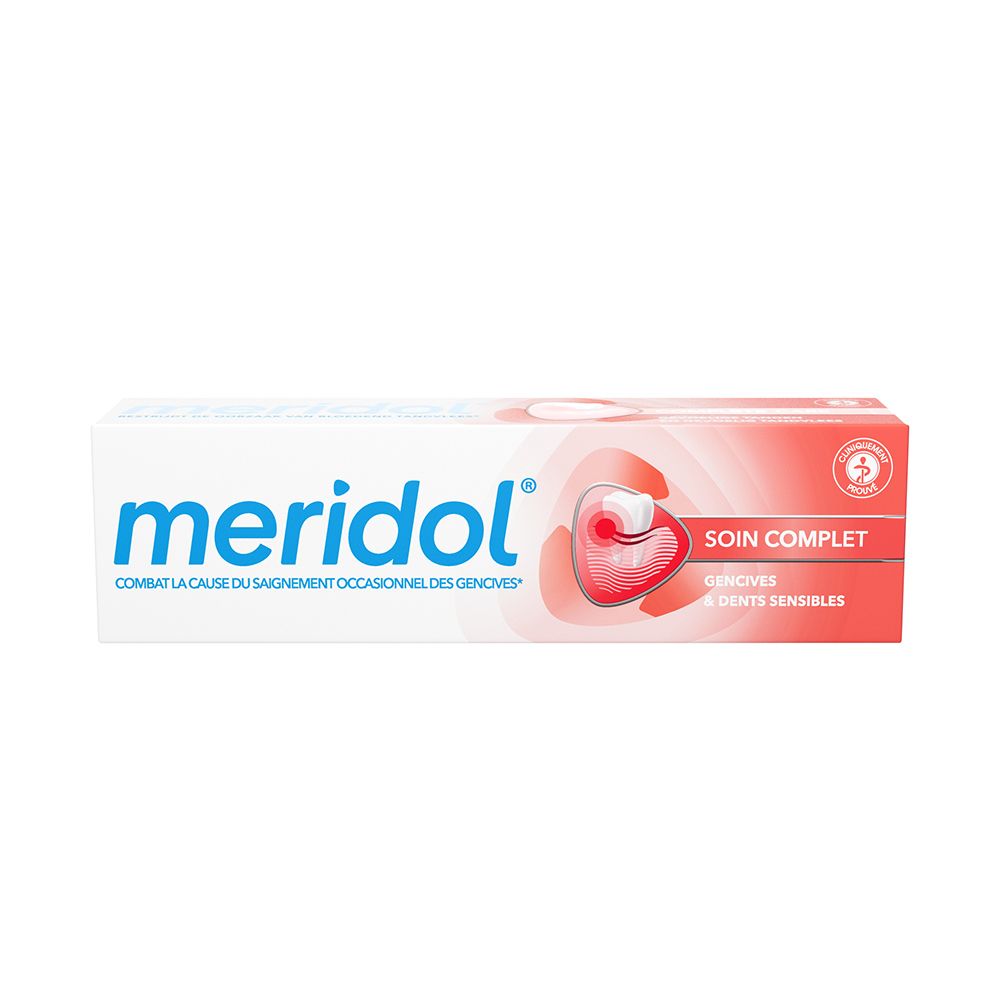 Tube de dentifrice meridol, design rouge et blanc. Texte: "SOIN COMPLET".