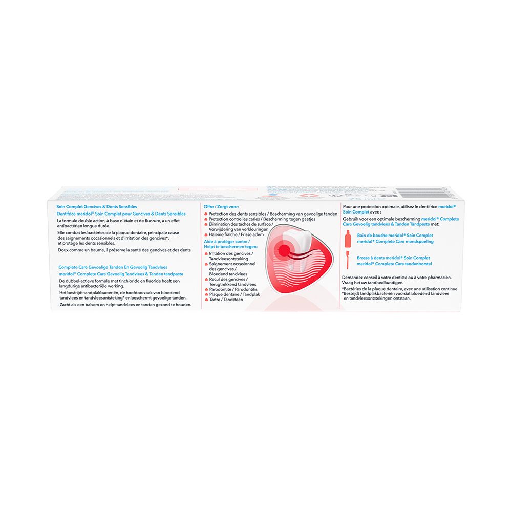 Dos du carton de dentifrice avec texte multilingue. Contient des informations.
