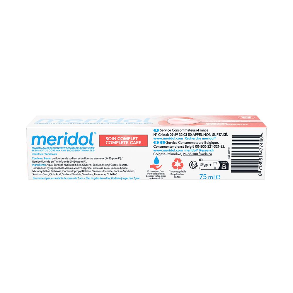 Emballage de dentifrice meridol avec logo et texte. Contient des informations et contact.
