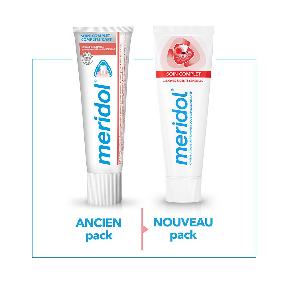 Comparaison ancien et nouveau tube de dentifrice. Les deux avec logo meridol.